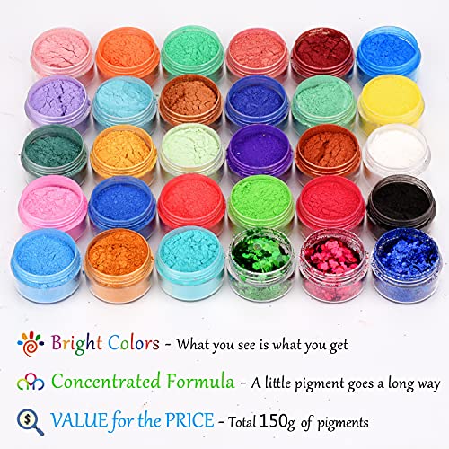 Mica Powder Pigment - 30 Colors Metallic Epoxy Resin Pigment Glitter Powder Soap Dye - Glitter Soap Making Colorant For Resin Art, Bath Bombs, Slime Making, Cosmetic, Painting, Nail Makeup - 5G Each #TOP1