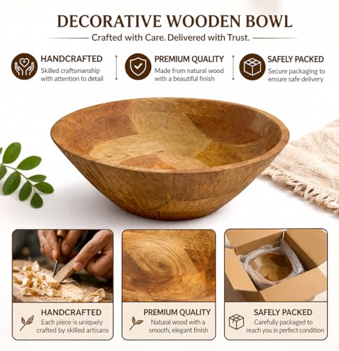 Image of Decorative Wooden Bowl | Natural Finish Fruit & Serving Bowl | Lite Brown Handcrafted Wooden Bowl for Home Decor & Kitchen