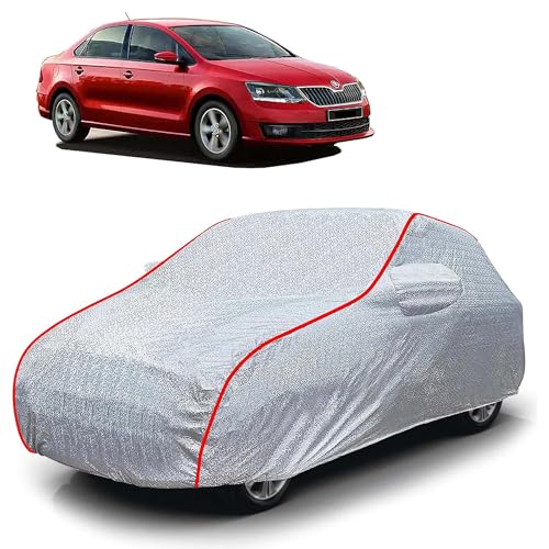 Image of Sulfar 100% Waterproof Car Body Cover Compatible with Mirror for Skoda Rapid (Triple Stitched, Full Bottom Elastic, Magic Silver with Red Piping)