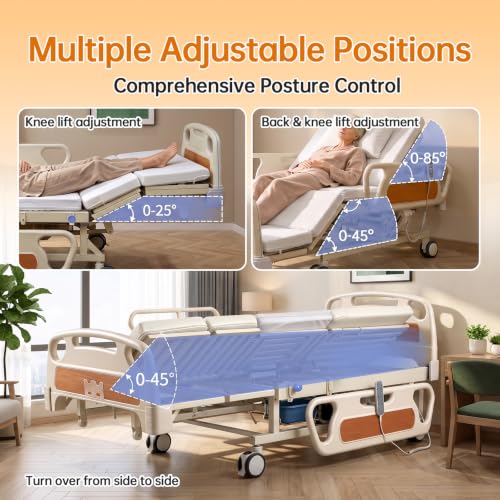 Image of Electric Hospital Beds for Home Use, Full Electric Adjustable Medical Bed with Height Adjustment 18 inch-25 inch, Auto Turning, Built-in Commode, IV Pole, Overbed Table, 3 inch Mattress, 550 LBS Capacity