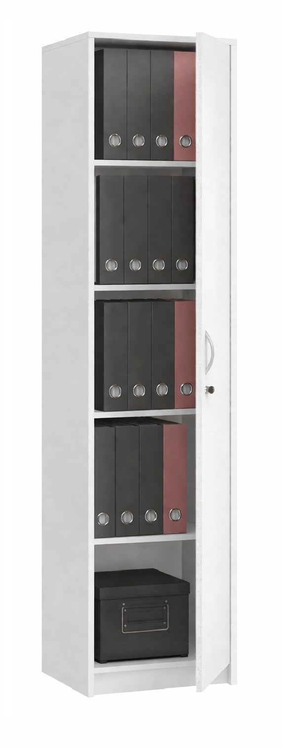 Armadio per ufficio con serratura, armadietto per documenti, libreria per ufficio con 1 porta e 5 scomparti, armadietto universale per ufficio e casa 180x44,5x35 cm (Bianco)