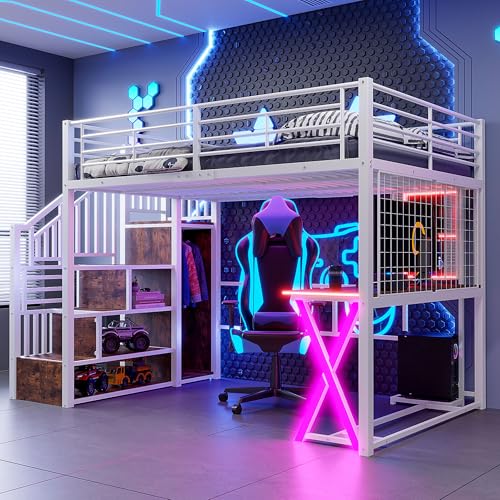 Dolamaní Hochbett 140x200 cm Erwachsene & Jugendliche mit Stauraum Treppe, Schreibtisch und Schrank, Regale, Mettalbett Bettrahmen (Weiß)