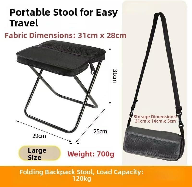 Miniatura 2 de Taburete plegable portátil para acampar con correa para el hombro, capacidad de peso 264.6 lbs, adecuado para senderismo, pesca, picnics (negro-A)