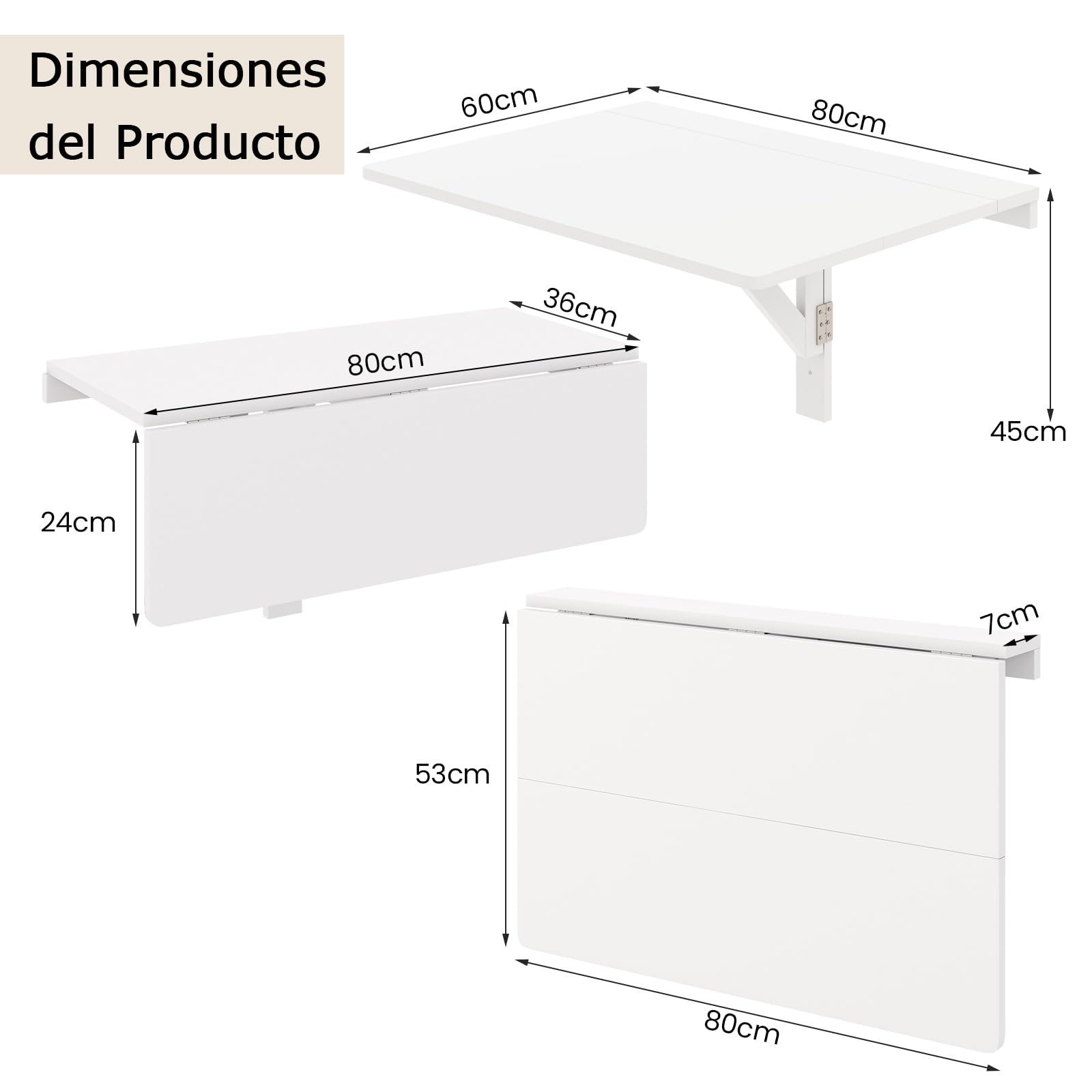 COSTWAY Mesa Plegable Pared de 80 cm x 60 cm, Escritorio Flotante para Espacios Pequeños, Estación de Trabajo Plegable para Cocina, Dormitorio, Lavadero, Estudio (Blanco)