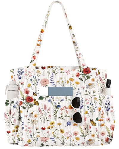 Miss Adola Linda bolsa feminina de veludo cotelê - Bolsa de lona de ombro de grande capacidade com zíper, vários bolsos para compras, trabalho, Flor vintage, One Size