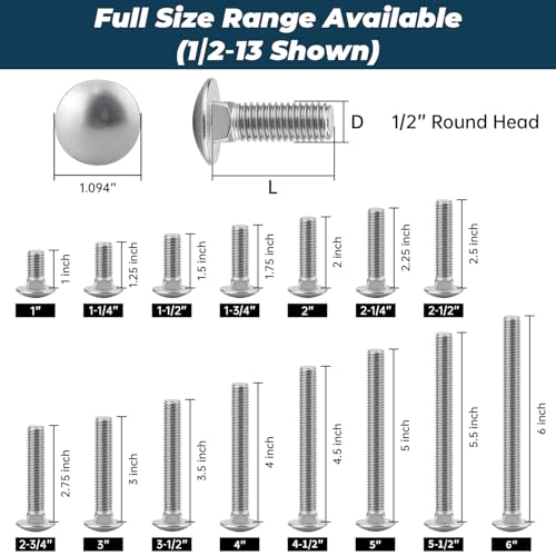 Image of 1 /2-13 x 1-3 /4 Inch Carriage Bolt Kit, 304 Stainless Steel (18-8) with Hex Nuts & Flat Washers - 6 Sets, Round Head Square Neck, Full Thread Coverage by Glvaner