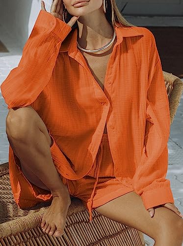 Image of Fixmatti Women 2 Piece Outfits Long Sleeve Button Down Blouse and Shorts Sweatsuit Sets