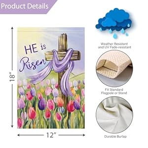 Louise Maelys Easter Garden Flag 12x18 Double Sided Burlap, Small Vertical Sun Cross Tulip Yard He is Risen for Religion Spring Outdoor Outside Decoration Louise Maelys Easter Garden Flag 12×18 Double Sided Burlap Small Vertical Sun Cross Tulip Yard He is Risen for Religion Spring Outdoor Outside Decoration