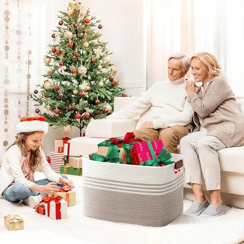 Wäschekorb Geflochten Groß aus Baumwollseil, 72L Aufbewahrungskorb mit Lederhenkeln, Korb für Decken, Kleidung, Spielzeug, Laundry Basket für Kinderzimmer Wohnzimmer, 55 x 43 x 30 cm, Weiß und Braun