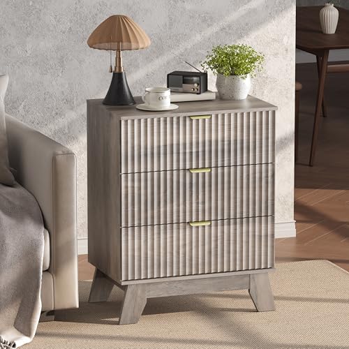 Image of Wodeer Grey Night Stand with 3 Drawers, Bedside Table & End Table, 24 inch Wide Mid Century Modern Fluted Wood Nightstand with Metal Handles, Farmhouse Night Stands for Bedroom, Gray