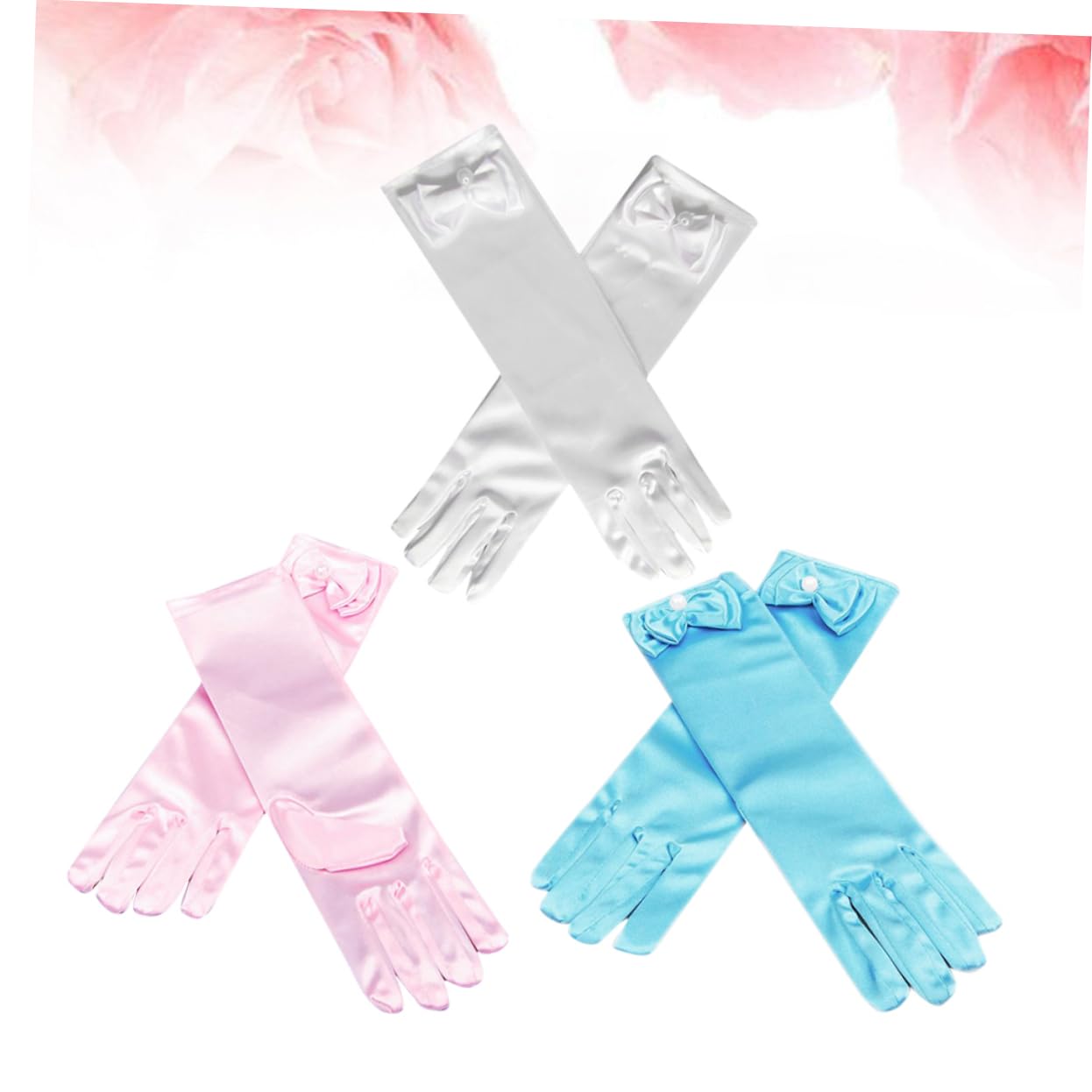 FRCOLOR 1 Set 3 Pairs Satin Gloves for Dress Up Wedding Party Gloves White Pink Light Blue for Flower Ballet Pageants and Photography Props