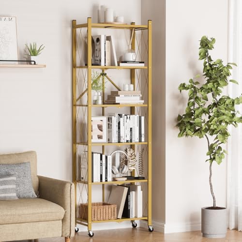 Image of ALANNG 73.6 Inch Folding Bookshelf, 6 Tier Metal Bookcase and Bookshelves | Tall Shelves for Living Room Office Bedroom, Heavy Duty Book Shelve Free Standing Open (Gold, 4PACK)