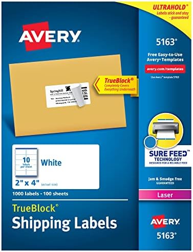 Avery Shipping Address Labels, Laser Printers, 1,000 Labels, 2x4 Labels, Permanent Adhesive, TrueBlock (5163)