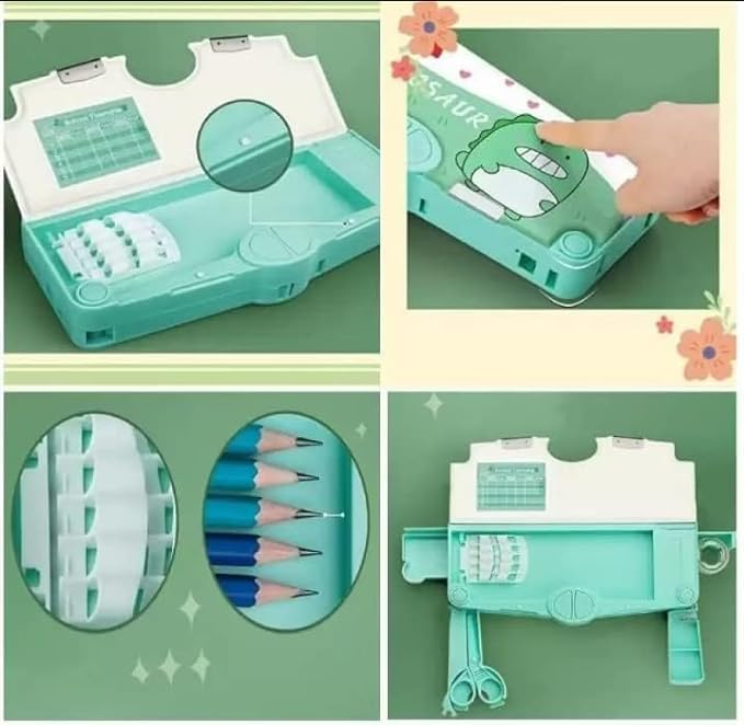 Image of Multifunctional Magnet School Pencil Box for Girls, Dinosaur Compass Box for Boys, Geometry Box for Kids, Ruler, Eraser and Sharpener, Magnetic Pencil Box (Dinosaur Compass)