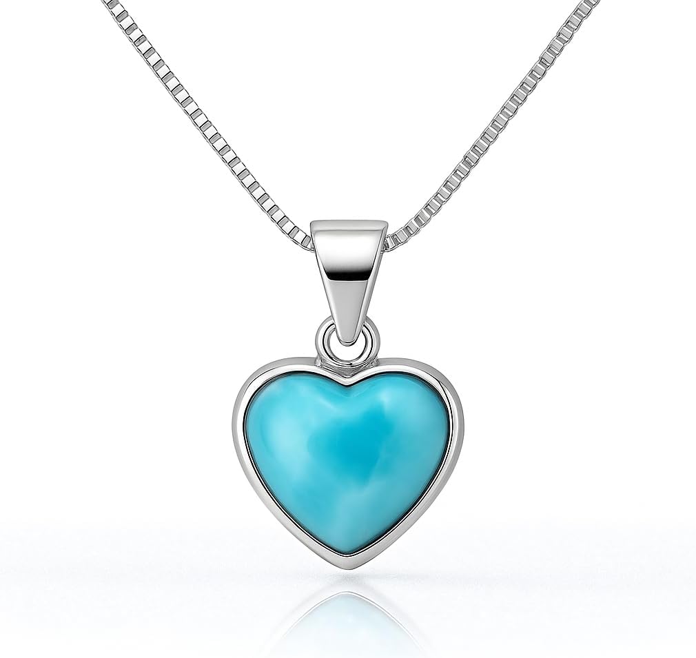 Genuine Larimar Jewelry – Heart Pendant Necklace in 925 Sterling Silver – Handmade Caribbean Gemstone – Ideal Christmas Gift for Women