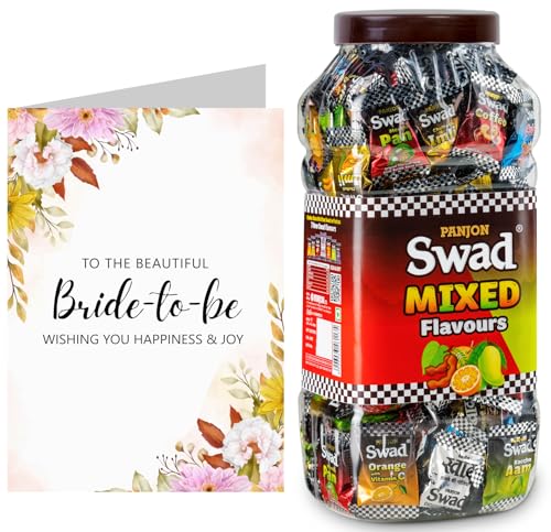 Image of Swad Prospective Bride To Be /engaged Gift with Card (Swad Mixed Flavours Candy 200 Jar & 1 Greeting card) 2 units