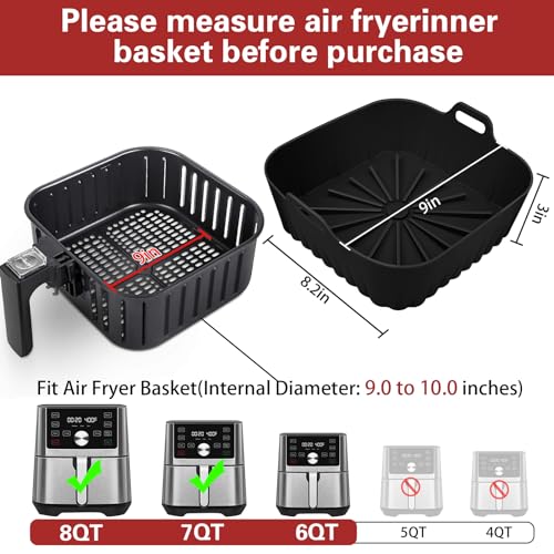 Image of Square Silicone Air Fryer Liners - 9 Inch Reusable Inserts for 6 to 9 QT Air Fryers (1 Pcs Black)