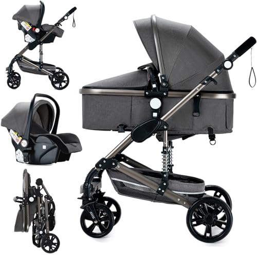 MoLi Carrito de Bebe 3 en 1, Carro 3 Piezas Plegado Conveniente con Un Solo Clic, Carrito Bebe con Modo de Doble Empuje Reversible, Cochecito Tres Piezas Paisaje Alto (739 Grey)