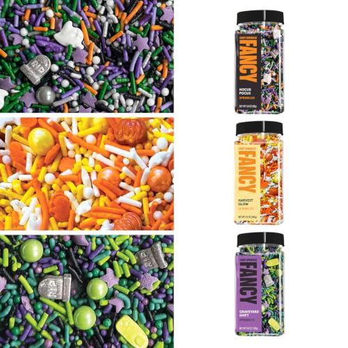 Image of Fancy Sprinkles Halloween Sprinkle Set 3 Pack (0.5c) | Hocus Pocus, Harvest Glow & Graveyard Shift | Ghost, Pumpkin & Tombstone Shaped Candy | Halloween Cake & Cookie Decorating