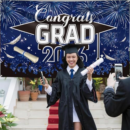 Image of Graduation Banner, Graduation Decorations 2026, Blue Black Banner Graduation, Large Blue Graduations Sign Backdrop, Class of 2026 Congrats Grad Party Decor for Door Porch Sign Indoor Outdoor 180*110cm