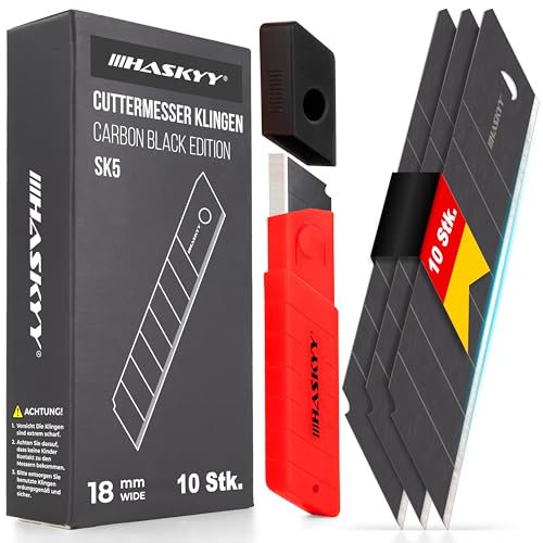 HASKYY Cuttermesser Abbrechklingen Ersatzklingen 10x SK5 Klingen 18mm aus Carbonstahl für Teppichmesser – Cutterklingen – Schwarz – extrem scharf