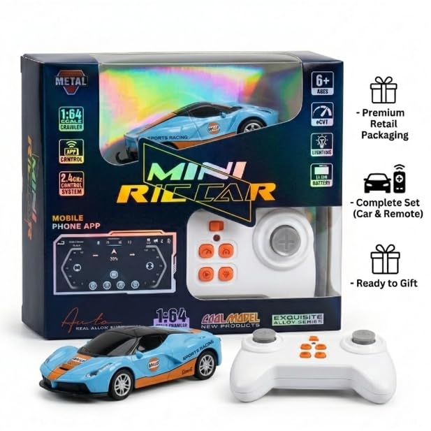 Image of Mini RC Car 1:64 Scale Remote Control Car for Kids, App Controlled Electric Racing Toy with LED Lights, Rechargeable Battery, 2.4GHz Control System, Birthday Gift for Boys & Girls (Blue)