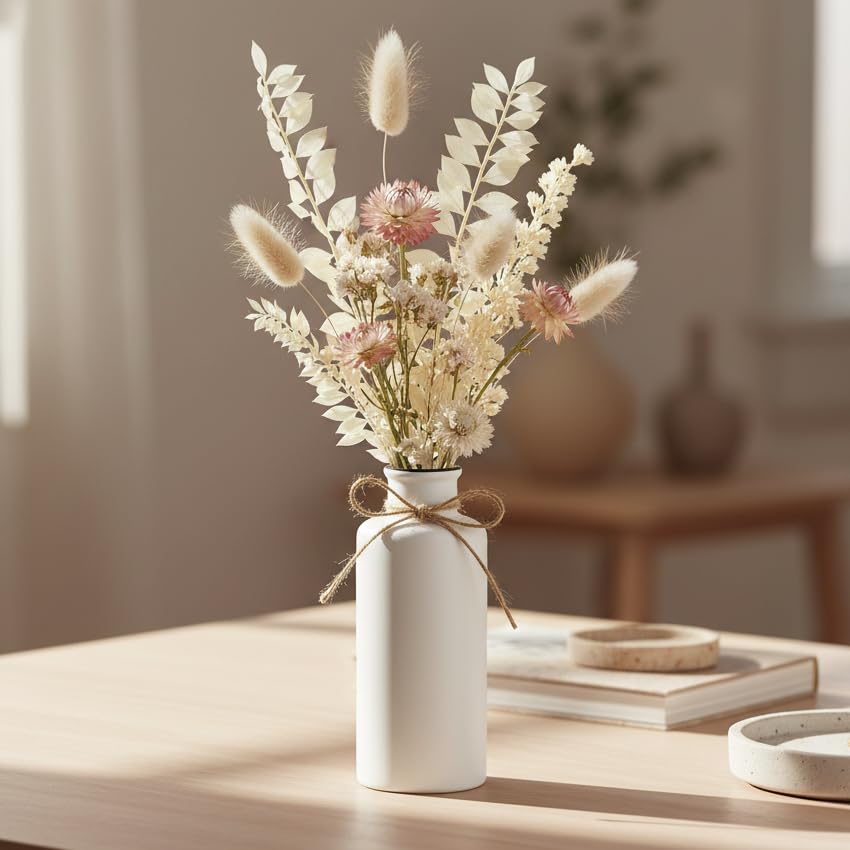 Image of PUREZENTO White Vintage Roman Bottle Vase - 7.4 Inch (Pack of 1) | Decorative Bottle Shape Vase with Twine Bow for Rustic, Farmhouse & Home Decor | Vases for Living Room, Dining Table & Office Styling
