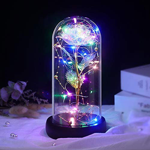 Rosa beleza e fera, flor artificial colorida de folha de ouro rosa e luzes de fadas LED em cúpula de vidro para decoração de casa do dia da mãe do dia dos namorados