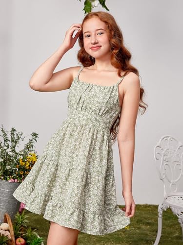 SweatyRocks Girl's Spaghetti Strap Ruched Cami Dress Floral Print Ruffle Flared Mini Dresses4