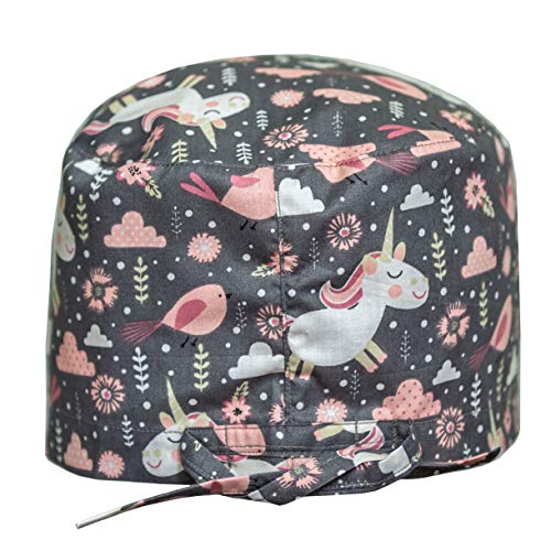 KATE BIANCO Scrub Cap Hat Unisex Cat Dog Animal Print Uniform Black and White (Gray Pink Unicorn)