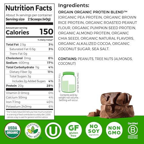 Image of Orgain Organic Simple Vegan Protein Powder,Chocolate-20g Plant Based Protein,Made with Less Ingredients,No Artificial Sweeteners,Gluten Free,No Dairy /Lactose,1.25 lb (Packaging May Vary) (Pack of 6)