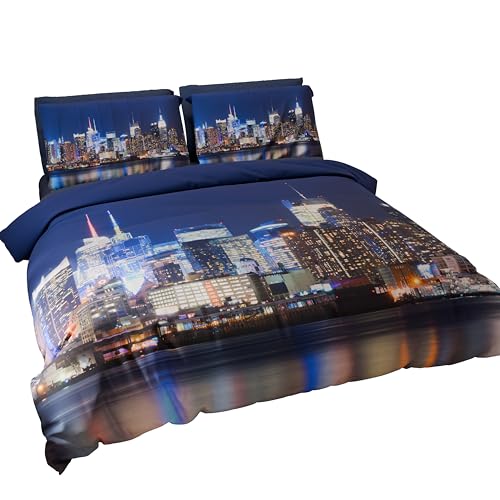 PETTI Artigiani Italiani - Housse de Couette 2 Places 250x200 cm (2 Taies 50x80 cm Incluses), Parure en Microfibre Imprimée New York - Fabriqué en Italie