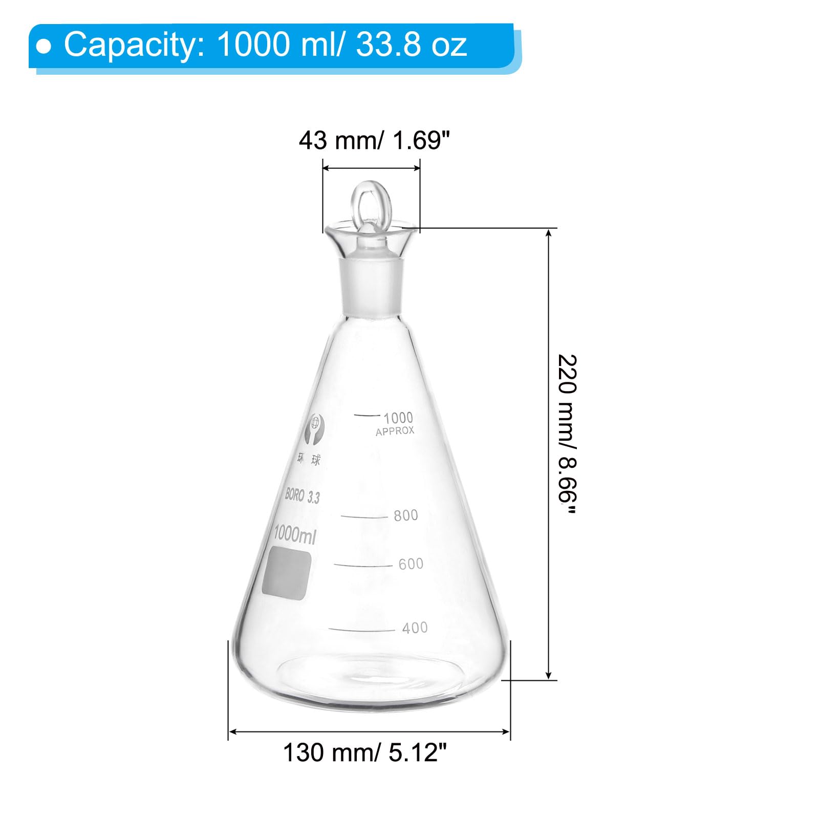 PATIKIL Erlenmeyerkolben 1000ml 33.8oz Enger Hals Messkolben Mit Glasstopfen Borosilicatglas Kolben Mit Aufgedruckter Skala Für Labor Experimente Chemie Wissenschaft
