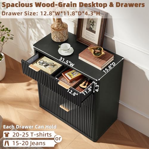 Image of LEYAOYAO Fluted 5 Drawers Dresser for Bedroom Set of 2, 34 inch Tall Modern Chest of Drawers with Metal Handle, Curved Profile Design,Black Wood Drawer Organizer for Bedroom, Living Room, Hallway