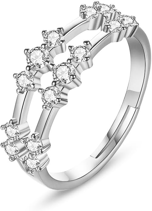 14K Gold Wedding Rings for Women, Double Row of Round Moissanite Promise Rings