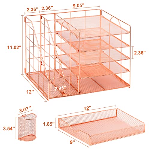 Image of Marbrasse Rose Gold Desk Organizer with File Holder, 5-Tier Paper Letter Tray Organizer and Drawer, Mesh Desktop Storage with Magazine Holder for Office Supplies