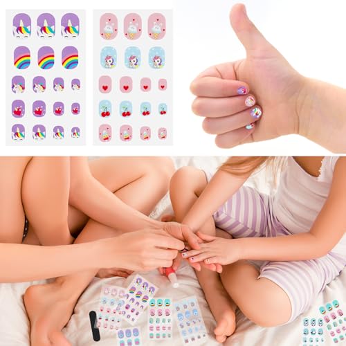 JSRQT 12 Blatt Nagellack Aufkleber Kinder Mädchen, Bunte Süße Nagelfolie Selbstklebende Nail Art Stickers, Gel Nagelaufkleber Streifen mit Nagelfeile Cartoon Muster für DIY Nagelparty