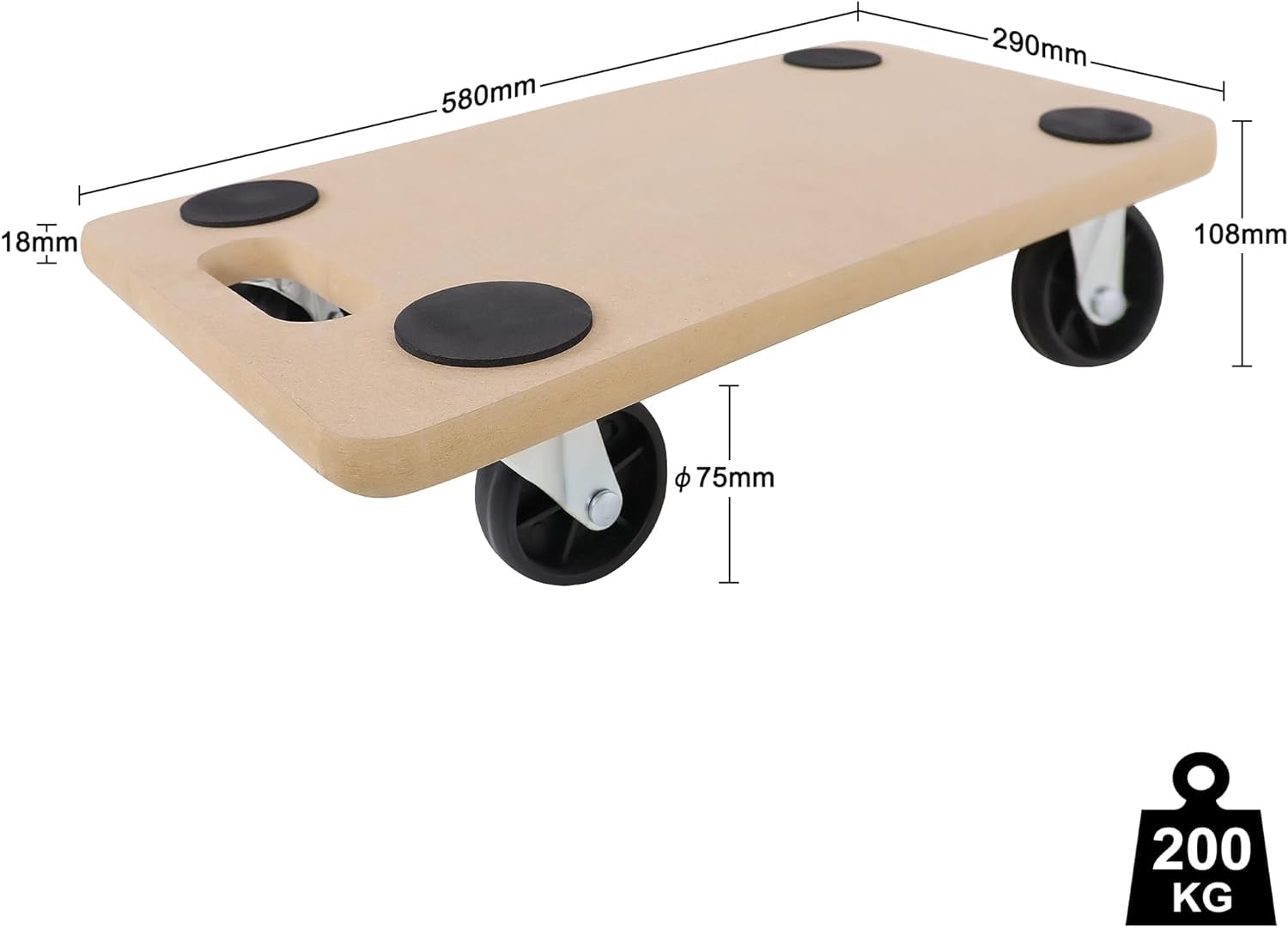 LILIIN Lot de 2 roulettes de transport - 590 x 290 mm - Charge maximale : 200 kg - En bois - Avec roulettes pivotantes - Pour meubles