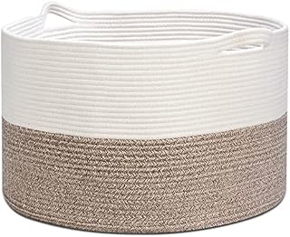 Toplife Extra Large Cotton Rope Basket with Handle, Woven Storage Basket Baby Laundry Basket for Blankets, Bedding, Clothes and Toys, 55*35 cm, White & Brown
