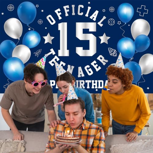 Image of 15th Birthday Decorations for Boys, Happy 15th Birthday Banner Backdrop | Large Official Teenager 15th Backdrop15 Year Old HBD Party Decorations Supplies Blue Silver