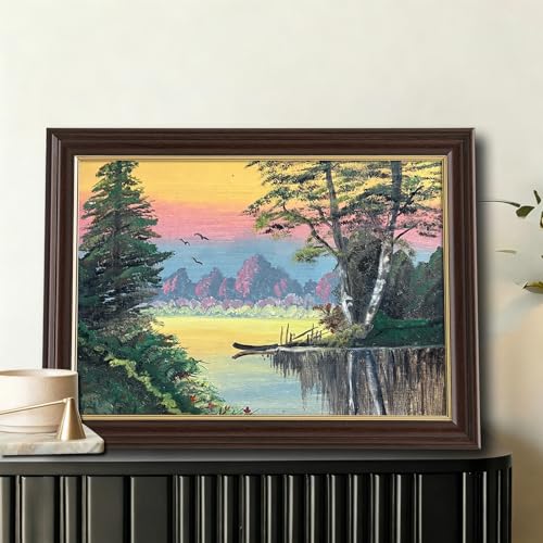 Image of Antique Framed Sunset Lake Canvas Wall Art, Retro Forest Landscape Oil Painting Canvas Prints, Vintage Nature Wall Decor Pictures for Living Room Bedroom Office