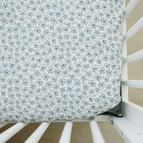 Image of Blue Blossom Muslin Crib Sheet by Mebie Baby, Soft and Breathable Bed Sheets for Babies, Modern Neutral Bedding for Cribs, Standard Crib Mattress Fitted Sheet, Great for Boy or Girl Room