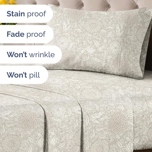 Image of Twin 3 Piece Floral Sheet Set - Soft, Breathable & Cooling - Beige Floral
