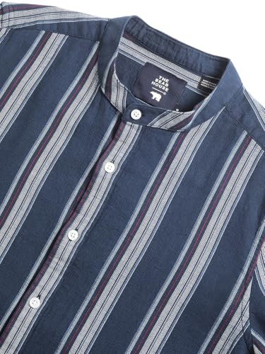Image of Mena€s Blue Striped with Mandarin Collar Slim Fit Casual Shirt