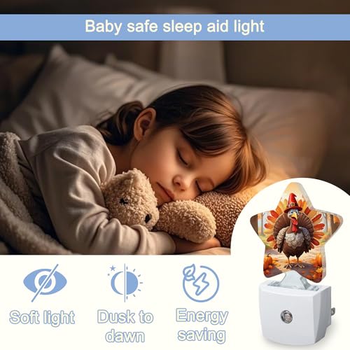 Image of Fall Autumn Turkey Dusk to Dawn Star Night Light,Thanksgiving Day Smart Sensor Nightlight for Bedroom Kitchen Hallway Stairs,Plug-in Energy Efficient Decor Desk Lamp Women Men Gifts