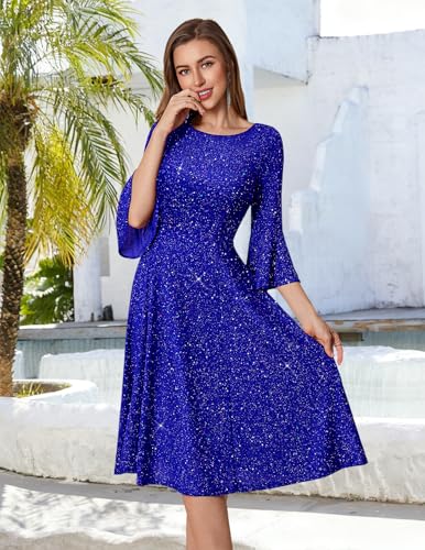 Image of HomRain Women's Church Dresses Modest Bell Sleeve Wedding Guest Cocktail Tea Party Vintage Evening Dress