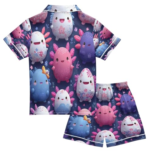 Satin Pajama Sets Short Sleeve Cute Axolotls Eggs Button Down Silky Nightwear 2 Piece PJS 5-14Y2