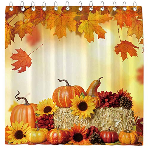 Funnytree Fall Pumpkins Maple Shower Curtain Set with 12 Hooks Autumn Thanksgiving Sunflowers Harvest Falling Leaves Decor Easy Care Washable Durable Polyester Fabric 72"x72" Funnytree Fall Pumpkins Maple Shower Curtain Set with 12 Hooks Autumn Thanksgiving Sunflowers Harvest Falling Leaves Decor Easy Care Washable Durable Polyester Fabric 72"x72"