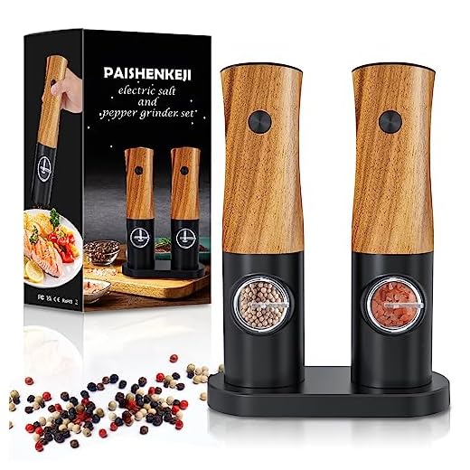 Electric Salt and Pepper Grinder Set - Battery Operated Salt and Pepper Shakers Set Electric, Battery Powered Auto Peppermill with Light, Adjustable Coarseness, One Hand Operation, Black &Wood Grain