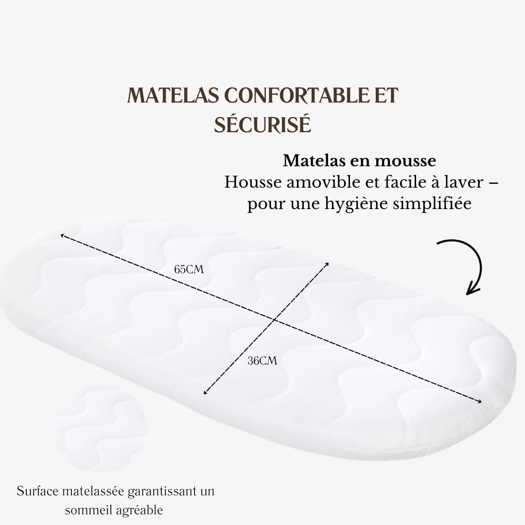 Wiklinopol Couffin Bébé avec Support en Bois et roulettes Annabell – Berceau en Osier avec Matelas et Linge 5 Pièces Mousseline Beige – Poussette de lit Blanc pour Nouveau-né